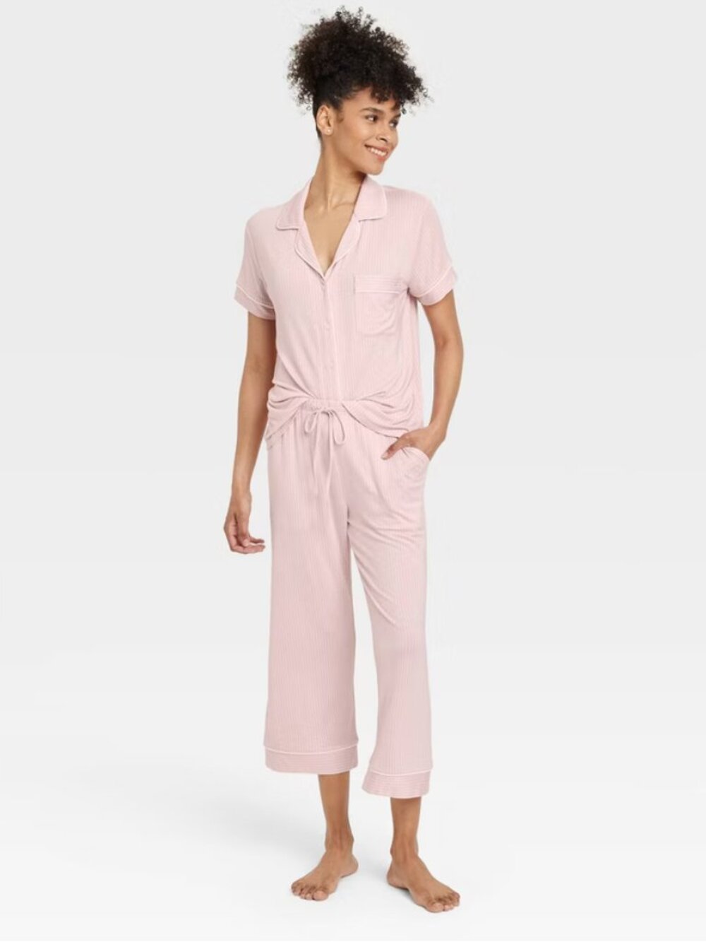 Cloud Knit Modal Short Sleeve Notch Collar Top and Capri Pants Pajama Set Auden